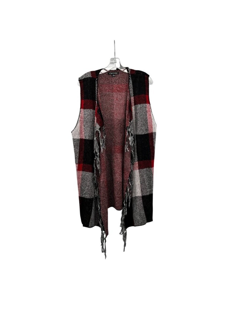 Chadwicks Checkered Sleeveless Cardigan Fringe Open Front Red/Multi Size XL